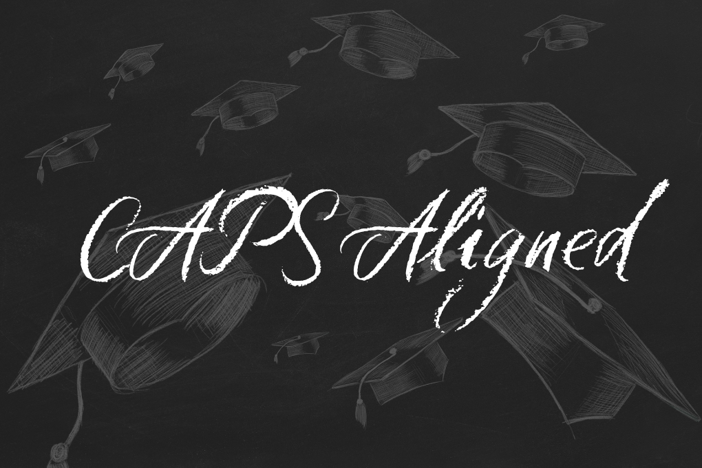 Blackboard background with graduation hats and the words “CAPS Aligned”
