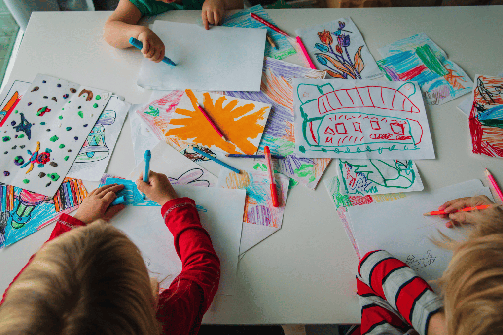 Children working on colourful drawings during Creative Arts time — supports imagination, expression, and fine motor skills with CAPS-aligned arts activities available on grade.co.za for the foundation phase.