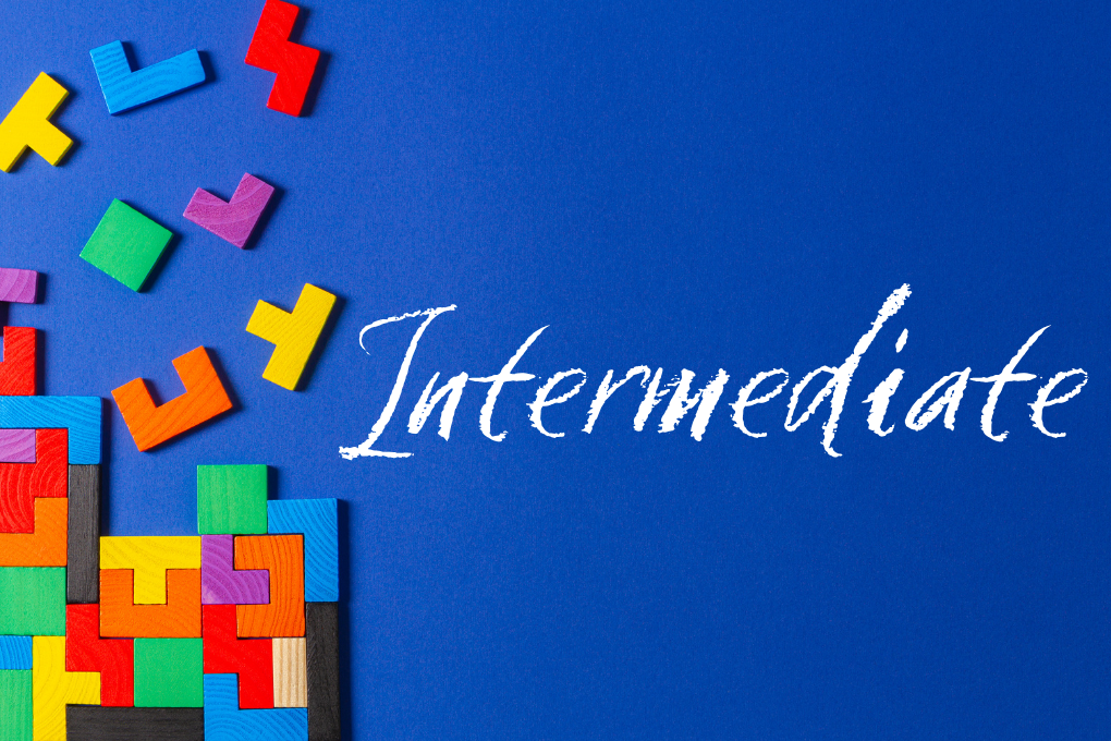 Blue background with colourful puzzle blocks and the word “Intermediate”